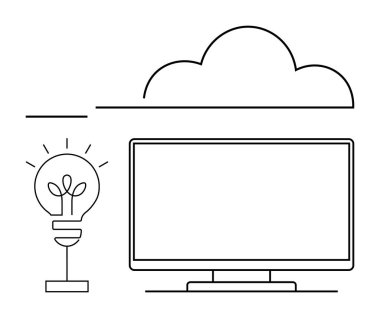 İçinde bir bilgisayar monitörü ve bulut çizgisi olan bir ampul. Teknoloji, yenilik, çevrimiçi hizmetler, bulut hesaplama, dijital dönüşüm, modern iş, başlangıç için ideal