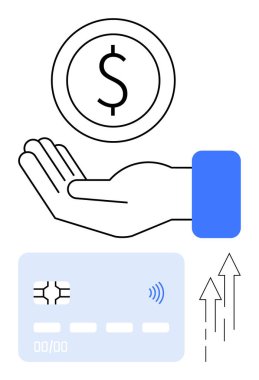 El çabukluğu, temassız kredi kartı ikonu ve finansal ilerlemeyi gösteren yukarı doğru oklar. Bankacılık, yatırımlar, tasarruflar, dijital ödemeler, ekonomik büyüme, yeni girişimler için ideal