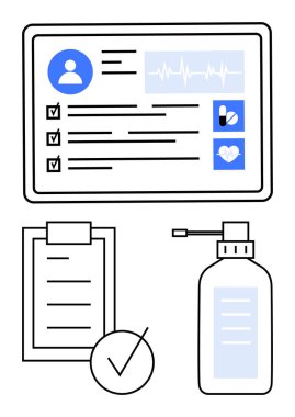 Tablet ekranında kalp atışı grafiği, kontrol listesi panosu ve dezenfektan şişesi olan tıbbi kayıtlar var. Sağlık, hijyen, tıbbi veriler, dijital sağlık, ilaç hatırlatıcıları ve refah için ideal