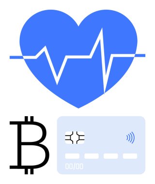 Nabzı atan kalp, Bitcoin logosu ve akıllı kart sağlığı, fintech, kripto para birimi ve ödeme teknolojisini ön plana çıkarıyor. Finans, sağlık, dijital yenilik ve soyut düz çizgi için ideal