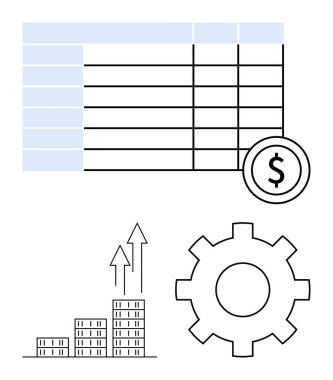 Harita tablosu, dolar sembolü, dişli ve yükseltme çubuğu grafiği finansal verileri, büyümeyi ve optimizasyonu sembolize ediyor. Finans, iş, analitik bütçe yatırım stratejisi için ideal