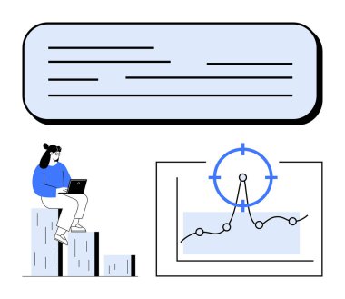 Female professional sitting on bar charts with a laptop, a graph with a focus target, and a text box. Ideal for business growth, analytics, strategy, reporting, data insights, teamwork abstract line clipart