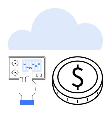 Bulut, kontrol paneli kaydırıcıları ve dolar parası. Finans, bulut hizmetleri, SaaS, fintech, veri kontrolü, maliyet tasarrufu soyut çizgisi düz metaforu için ideal