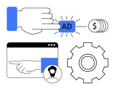 Bozukluklara bağlı ilan düğmesine, işaret eden el ve kullanıcı avatarıyla web sayfasına ve ayarları temsil eden teçhizata tıklıyor. Pazarlama, PPC reklamları, kullanıcı ilgisi, ROI, ayarlar, soyut hedefleme için ideal