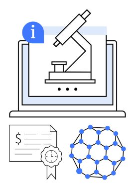 Dizüstü bilgisayarda mikroskop, bilgi simgesi, kurdeleli sertifika, mavi düğümlü moleküler yapı. Eğitim, araştırma, çevrimiçi öğrenme, sertifika ve bilim molekülleri için ideal
