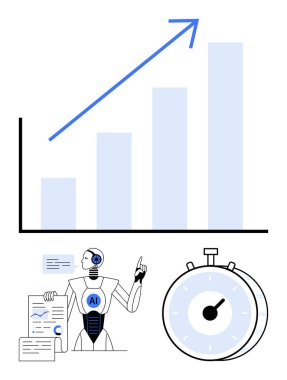 Yapay zeka robotu verileri inceliyor ve belgelere göre rapor ediyor, verimlilik için kronometre, başarıyı simgeleyen büyüme grafiği. Yapay zeka kullanımı, otomasyon, veri içgörüleri, kesinlik, zaman yönetimi, verimlilik için ideal