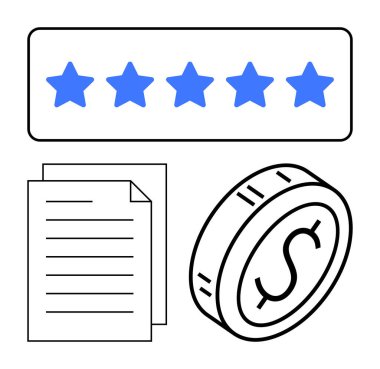 Beş mavi yıldız, iki özet belge ve bir dolar para müşteri geri bildirimini, kaliteli hizmetleri, parasal değeri ve büyümeyi simgeliyor. Değerlendirmeler, sözleşmeler, kazançlar için ideal iş başarısı