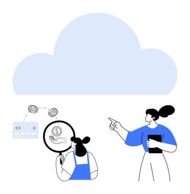 Büyük bir bulut altında finansal verileri analiz eden iki kişi. Birinin elinde para sembollerinin üzerinde büyüteç var. Finans, takım çalışması, bulut hesaplama, güvenlik, teknoloji, mali analiz için ideal