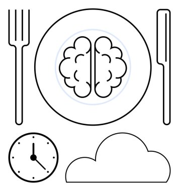 Çatal ve bıçaklı beyin, zamanı ve bulut sembolünü gösteren saat. Zihinsel sağlık, farkındalık, zaman yönetimi, beyin gıdası, bilişsel bilim meditasyonu için ideal. Satır metaforu