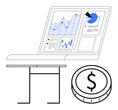 Bilgisayarda grafikler, grafikler ve ilerleme verileri var. Masada, büyük paraların yanında. Finans, analitik, iş, yatırım, büyüme ekonomik eğilimleri için ideal soyut çizgi düz metafor
