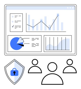 Grafikler, pasta grafikleri ve analitik verilerle etkileşimli kontrol paneli. Güvenlik ve kullanıcı ekibi avatarları için kalkan simgesi içerir. İş, teknoloji, takım çalışması, analitik, veri gizliliği dijital için ideal