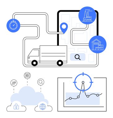 Teslimat güzergahı, harita, kronometre ve bulut depolama ve analizlerle bağlantılı iz sembolleri olan bir kamyon. Nakliye, ulaşım, lojistik, filo yönetimi için ideal gerçek zamanlı izleme