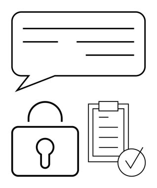 Konuşma balonu, kilit, kontrol işareti olan kontrol listesi güvenlik, iletişim ve görev tamamlamayı vurguluyor. Siber güvenlik, veri koruması, iletişim, iş akışı onay verimliliği için ideal