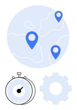 Mavi lokasyon iğneli dünya haritası, siyah-beyaz kronometre ve küresel navigasyonu simgeleyen ekipman, zaman yönetimi, otomasyon, lojistik, planlama, optimizasyon ve takım çalışmasını simgeliyor. Soyut satır düzlüğü