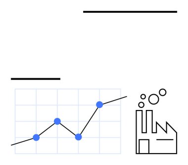 Bir fabrikanın yanında yükselen eğilimi gösteren mavi noktalı çizgi grafiği kabarcıklar yayıyor. Veri analizleri, iş büyümesi, sanayi gelişimi, üretim optimizasyonu, ekonomik eğilimler için ideal