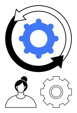 Dönen oklu büyük teçhizat, sadeleştirilmiş insan profili ve ek dişli taslak. Takım çalışması, otomasyon, iş akışı, sorun çözme, işbirliği, yenilik stratejisi ve soyut