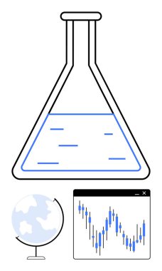 Mavi sıvılı bilim şişesi, kıtaları gösteren küre, şamdan desenli finansal şema. Bilimsel araştırma, veri analizi, küresel çalışmalar, eğitim, finans, teknoloji için ideal