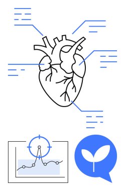 Veri notlarıyla insan kalbi çizimi, grafik izleme ölçümleri ve konuşma baloncuğunun içindeki yaprak. Sağlık izleme, tıbbi araştırma, sürdürülebilirlik, teknoloji ve kardiyoloji için ideal