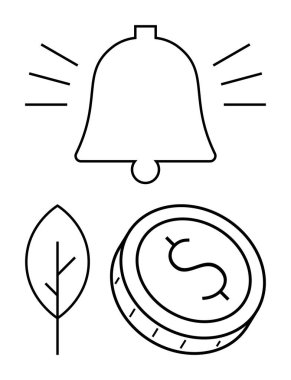 Ses dalgaları, yaprak ve dolar işaretli madeni paralar uyarı, doğa ve finansal temaları vurguluyor. Bildirimler, çevresel farkındalık, finansal uyarılar, sürdürülebilirlik mesajları için ideal