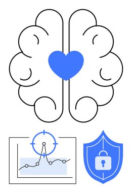 Kalbi olan beyin, veri eğilimlerini gösteren grafik ve kilitli kalkan. Ruh sağlığı, duygusal zeka, veri analizi, sağlık, siber güvenlik, karar verme soyut çizgisi için ideal