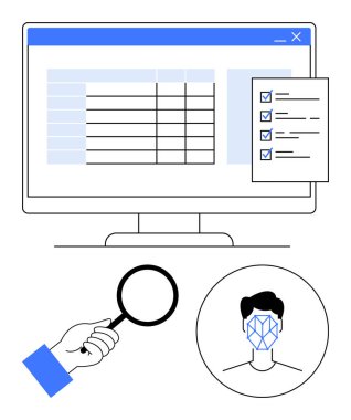 Bilgisayar ekranı bir veri tablosu ve kontrol listesi gösteriyor, odak için büyüteç, yüz tanıma simgesi. Teknoloji, yapay zeka, veri analizi, kimlik doğrulama, güvenlik ve araştırma için ideal