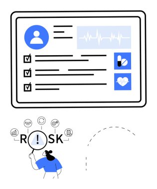 Kontrol paneli, hayati değerler, hap ve kalp ikonları. RISK 'i büyüteçle analiz eden kişi. Sağlık, tanı, risk yönetimi, veri analizi, hasta kayıtları için ideal