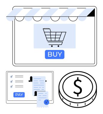 Dijital mağazada alışveriş arabası, ödeme makbuzlu kontrol listesi, bozuk para sembolü. E-ticaret, işlemler, finans, dijital alışveriş, çıkış, perakende ve soyut çizgi düz metaforu için ideal