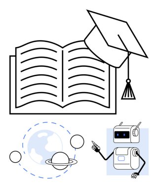 Mezuniyet şapkası olan gezegenler ve dost canlısı bir robot öğretmen. Eğitim, öğrenme, bilim, teknoloji, başarı, bilgi ve gelecekteki eğitim temaları için idealdir. Satır metaforu