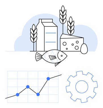 Süt kutusu, peynir, balık, buğday ve yumurta gıda tedarik ekipmanlarını ve çizgi grafiğini vurgulayarak üretim analitiği, tarım ve beslenme verilerini sembolize eder. Çiftçilik ve analiz endüstrisi verimliliği için ideal.