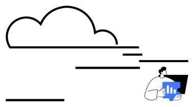 Bulut ve analitik gösterge paneli veri üzerinde çalışan bir kullanıcının yanında. Bulut depolama, teknolojik yenilik, veri bilimi, uzak çalışma, SaaS platformları, iş büyümesi, soyut çizgi düz metaforu için ideal