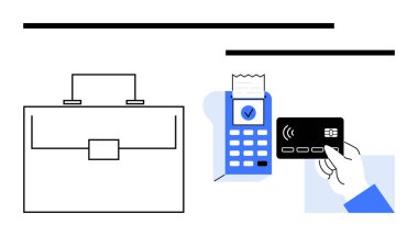 PoS makinesinin yanında el ele tutuşma kartı fatura parmak izi olarak bir evrak çantasının yanında. İş için ideal, dijital ödeme, e-ticaret, finans, işlemler, teknoloji, soyut çizgi düz metafor