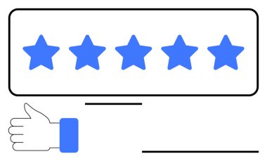Kaliteyi, onayı ve memnuniyeti vurgulayan beş mavi yıldız ve baş parmak işareti. Değerlendirmeler, müşteri ilişkileri, reytingler, iş başarısı, performans analizi, hizmet değerlendirmesi için ideal