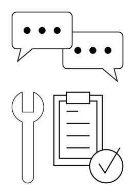 Konuşma baloncukları, bir anahtar, bir pano üzerinde bir kontrol listesi ve bir kontrol işareti iletişimi, takım çalışmasını, görev yönetimini, problem çözmeyi, verimliliği, hizmeti ve soyut satır düz metaforunu vurguluyor