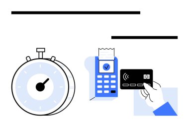 Kronometre, faturalı POS terminali, bağlantısız ödeme kartı. Ödemeler için ideal hız, verimlilik, teknoloji, zaman yönetimi, perakende düz çizgi metaforu