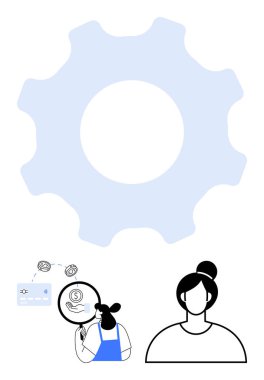 Mavi önlüklü kadın, baş silueti ve büyük şeffaf ekipmanların yanında büyüteçle finansal verileri analiz ediyor. İş analizi için ideal, mali inceleme, problem çözme, teknoloji