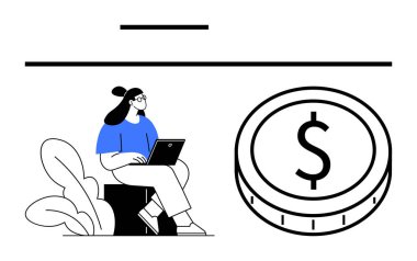 Bitkilerin yanında dizüstü bilgisayar kullanan bir kadın. Yanında da bir dolar işareti olan büyük bir bozuk para. Finans, teknoloji, yatırımlar, tasarruflar, evden çalışma, çevrimiçi öğrenme, soyut düz metafor için ideal