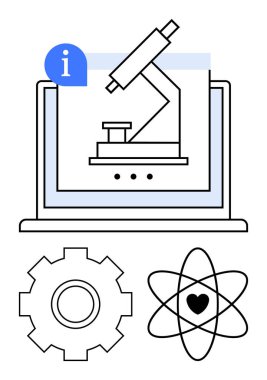 Mikroskoplu dizüstü bilgisayar, mavi bilgi simgesi, dişli ve kalp dolu atom. Araştırma, eğitim, yenilik, teknoloji, deneyler bilim iletişimi ve soyut düz çizgi metaforu için ideal