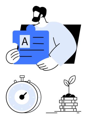 Elle tutulur bulmaca parçası, zaman yönetimi için kronometre madeni paraların üzerinde filizlenen bitki, finansal büyümeyi gösteren. İş stratejisi, eğitim, yatırım, zaman yönetimi ve yenilik için ideal