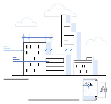 İskeleli yüksek binalar, şehir gelişimi, telefonda dijital harita arayüzü. Kentsel planlama, mimari, gayrimenkul, teknoloji, navigasyon, akıllı şehirler için ideal soyut çizgi