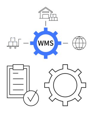 Depoya, tramvaya, kontrol listesine, küreye, oklara bağlı WMS etiketli bir vites. Lojistik için ideal, depo otomasyonu, envanter kontrolü, tedarik zinciri üretimi dijital çözümler soyut