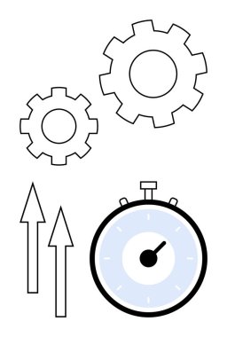 Dişli okları ve kronometre sembolleri takım çalışması, ilerleme ve verimliliği gösteriyor. İş stratejileri, verimlilik ve proje yönetimi için ideal. Kavramları geliştirir, organizasyonu destekler, hedefi