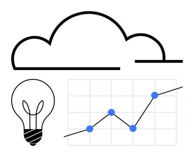 Cloud outline, upward progress graph, and light bulb icon represent technology, innovation, analytics, data storage, creativity, growth and problem-solving. Ideal for tech business success clipart