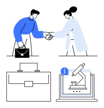 Profesyoneller el sıkışıyor, ortaklığı sembolize ediyor. Dizüstü bilgisayar ve evrak çantasındaki mikroskop takım çalışması olduğunu gösteriyor. İş, araştırma, yenilik, anlaşmalar, ağ oluşturma, teknoloji soyut çizgisi için ideal