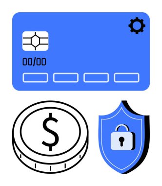 Kilitli kredi kartı, para ve kalkan güvenli çevrimiçi ödemeleri ve mali korumayı vurguluyor. Fintech, bankacılık, e-ticaret, tasarruf, siber güvenlik, soyut işlemler için ideal
