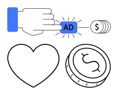 El basma düğmesi, bozuk paralar ve kalp. Dijital pazarlama, reklam, tıklama oranları, gelir üretimi, online katılım e-ticareti için ideal. Satır metaforu