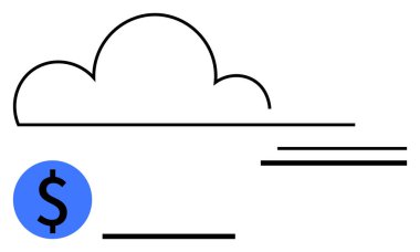 Bulut simgesi mavi dolar işareti ile eşleştirilmiş bulut tabanlı finansal işlemleri, dijital hizmetleri veya maliyet verimliliği olan teknolojiyi temsil eder. Finans, ödemeler, teknolojik yenilik, çevrimiçi sistemler ve bulut için ideal