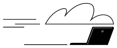 Hızlı veri transferini, uzaktan çalışmayı ve dijital bağlantıyı sembolize eden hareketli dizüstü bilgisayar ve bulut. Teknoloji, bulut hizmetleri, yenilik, verimlilik, hareketlilik ve bilişim için ideal