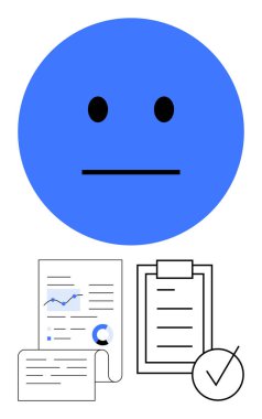 Belgelerin, grafiklerin, panoların ve işaretlerin üzerindeki mavi tarafsız yüz. Duygusuz tepkiler, veri analizi, karar verme, üretkenlik, değerlendirme iş yeri tutumları, soyut düz çizgi