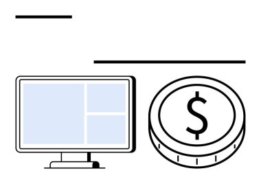 Sayfa düzeni ve dolar madeni parası olan masaüstü monitörü dijital geliri, e-ticareti, reklamı, web tasarımını, finansal büyümeyi, çevrimiçi pazarlamayı, yeniliği temsil ediyor. Teknoloji ve soyut çizgi için ideal