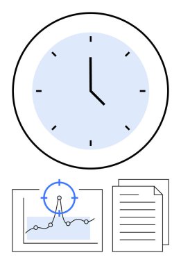 Large clock alongside a line graph and documents emphasizing planning, analytics, organization, and goal tracking. Ideal for time efficiency, productivity, research, deadlines and progress. Abstract clipart